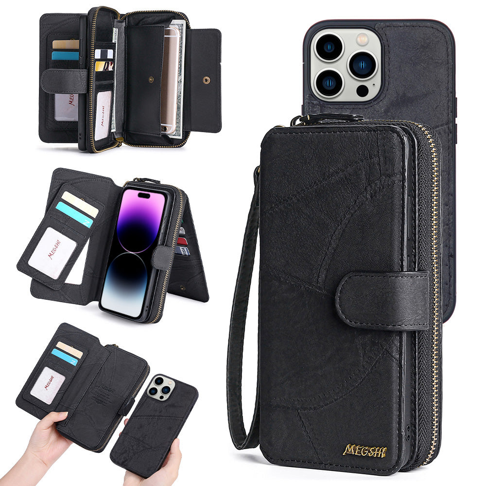 MEGSHI 004 Series For iPhone 14 Pro Max Detachable Zipper Wallet Leather Case Anti-drop Stand Cover MEGSHI 004 Series For iPhone 14 Pro Max Detachable Zipper Wallet Leather Case Anti-drop Stand Cover
